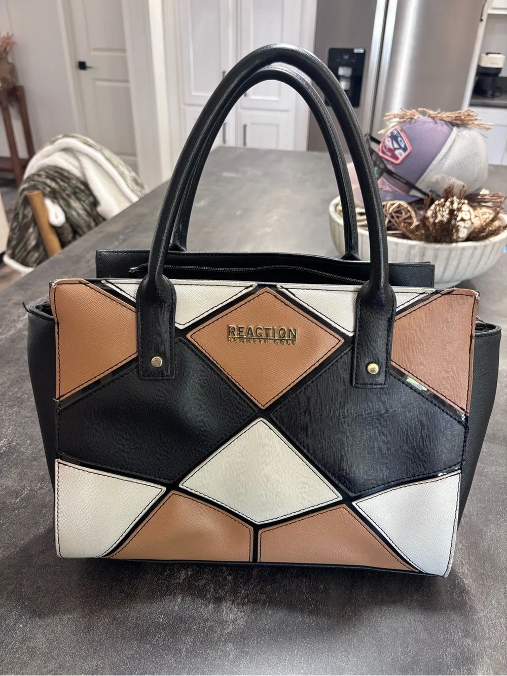 Kenneth Cole Reaction Black, Tan & White Geometric Colorblock Satchel